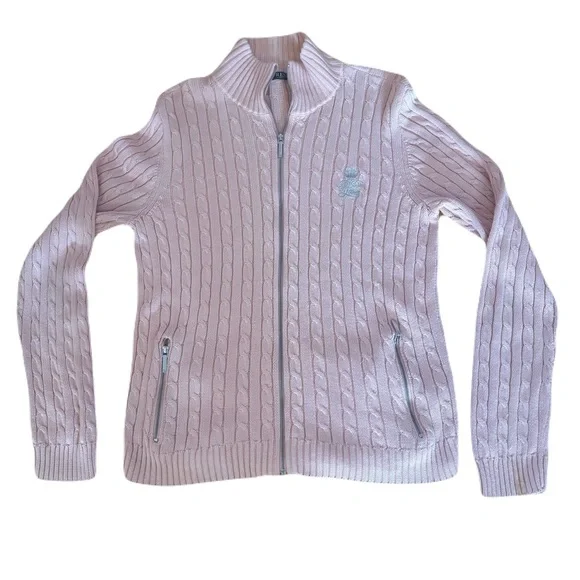 Lauren Ralph Lauren Pink Cable Knit Full Zip Sweater Silver Crest Logo Sz M - Picture 1 of 11